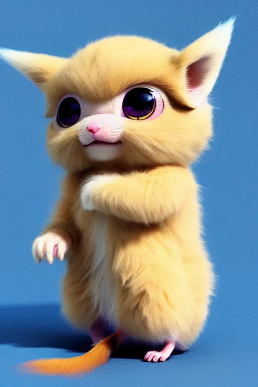 Image similar to high quality 3 d render hyperrealist very cute multipastel fluffy! one - eye cat tarsier hybrid with detailed fluffy wings!!, vray smooth, in the style of detective pikachu, hannah yata charlie immer, dramatic blue light, low angle, uhd 8 k, sharp focus