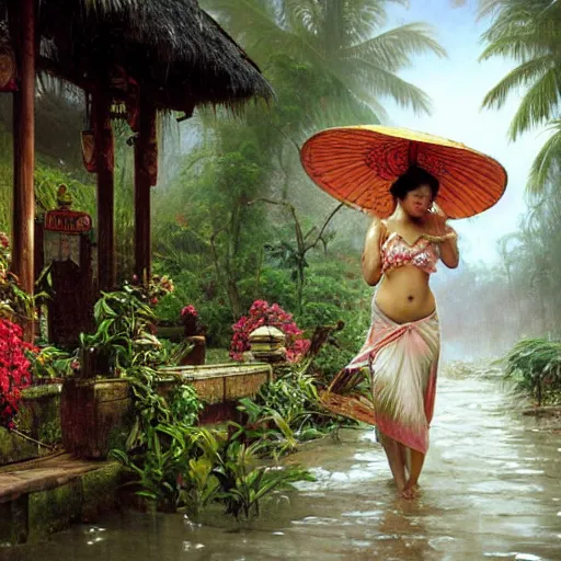 Image similar to monsoon on tropical island, attractive oriental woman, ornate, beautiful, atmosphere, vibe, mist, coconuts, rain, wet, pristine, puddles, melting, dripping, snow, creek, lush, ice, bridge, forest, roses, flowers, by stanley artgerm lau, greg rutkowski, thomas kindkade, alphonse mucha, loish, norman rockwell