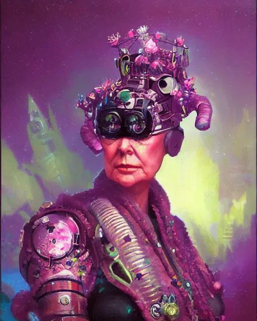 Image similar to flowerpunk portrait of an old cyborg queen victoria by paul lehr