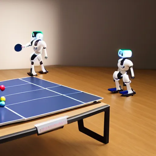 Image similar to two robots playing table tennis on a futuristic table tennis table, amazing detail, photorealistic