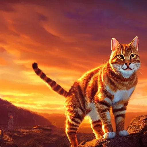 Image similar to colossal orange viking royal king tabby cat, golden hour, fantasy, vivid colors, sharp focus, digital art, hyper - realistic, 4 k, unreal engine, highly detailed, hd, dramatic lighting by brom, trending on artstation