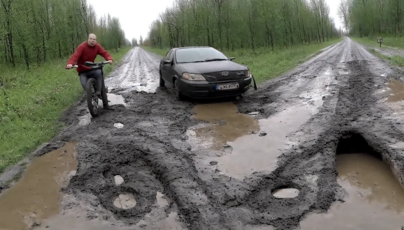 Image similar to drunk russian man driving bicycle trough potholes and mud, hilarious, funny, meme, realistic, detailed, 4 k