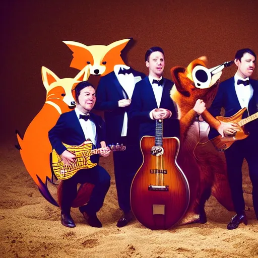 Image similar to music album cover, with foxes animals dressed in suits, holding guitars, on a beach, all looking at camera, studio lighting, 8 5 mm f / 1. 4