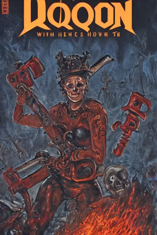 Image similar to Queen Elizabeth 2 with a chainsaw in her hands fights with an army of skeletons in hell, in the style of the cover of the 2 part of doom,