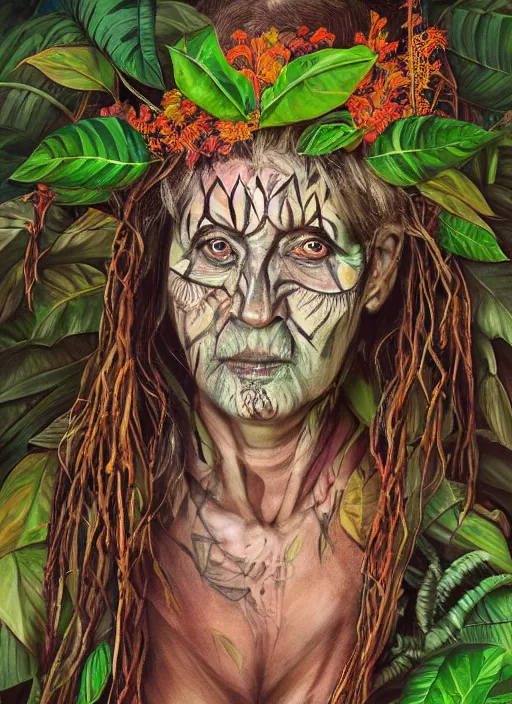 Prompt: a beautiful painted portrait of an old woman in the jungle surrounded by leaves and plants, tribal face paintings, shamanism, matte painting, fantasy art