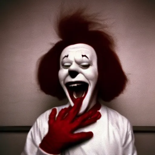 Image similar to creppy 2 0 0 1 photo of ronald mcdonald screaming in a dark room