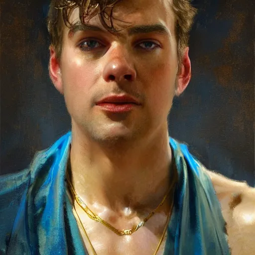 Image similar to detailed realistic cinematic wide shot of beautiful attractive muscular john green with gold chain wearing blue bath robe slim face symettrical face clean skin black eyes black robe smooth, sharp focus, ultra realistic, spring light, painting by gaston bussiere, craig mullins, j. c. leyendecker