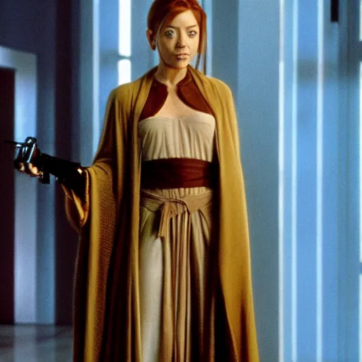 Image similar to Alyson Hannigan/Willow Rosenberg as Obi-Wan Kenobi from Star Wars, film still