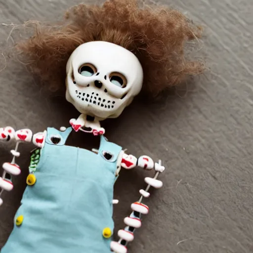 Image similar to an adorable simple porcelain ball jointed skeleton fashion doll lovingly crafted by hand at the park, bright and colorful, wearing festive overalls, worms eye view, macro camera lens, cinematic, focus