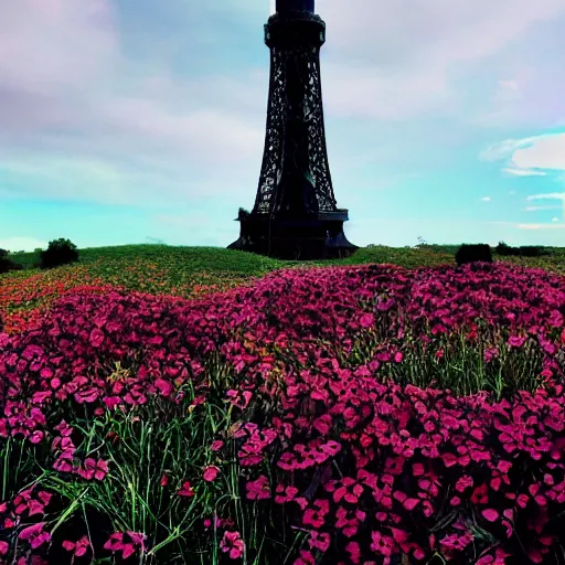 Prompt: Just a tower in a field of flowers