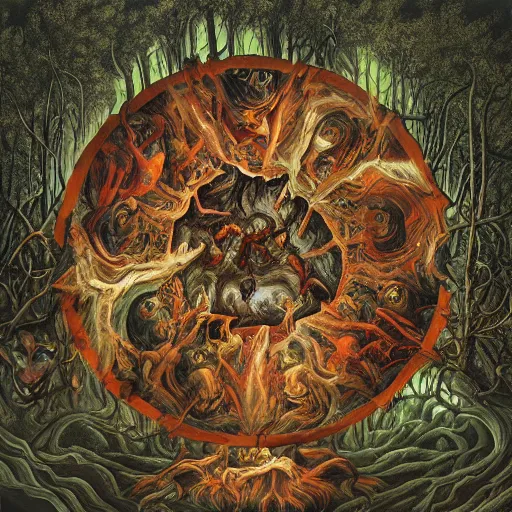 Image similar to crouching demons forming a circle in the woods, by Dan Seagrave and by Dan Witz, glossy digital painting, 8k resolution