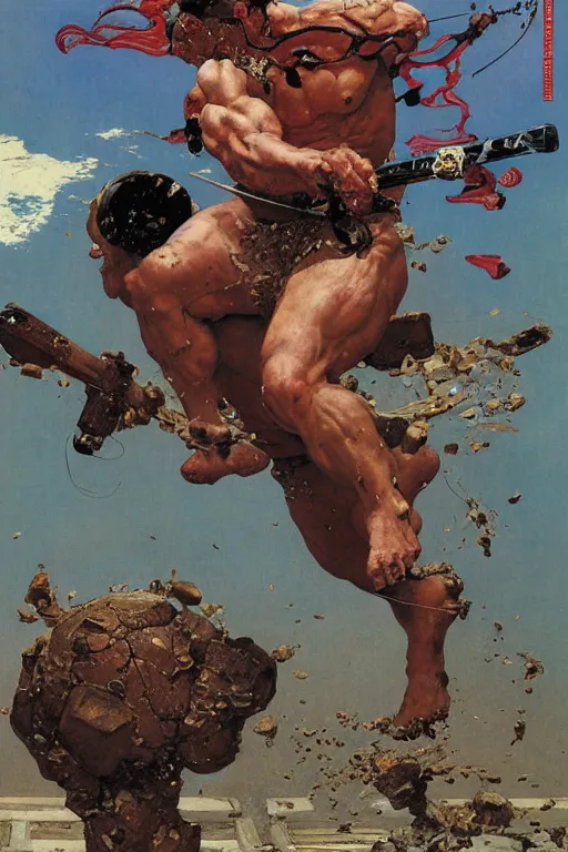 Image similar to full length portrait of akebono taro smashing through a wall, dynamic action, painted by lawrence alma tadema, zdzislaw beksinski, norman rockwell, jack kirby, tom lovell, alex malveda, greg staples