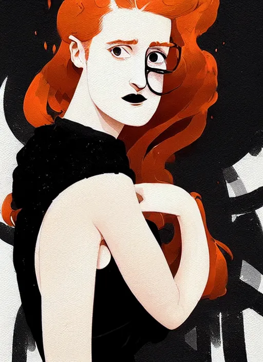 Image similar to highly detailed closeup portrait of beautiful grace gummer as dom dipierro, wavy ginger hair, black dress, by atey ghailan, by greg rutkowski, by greg tocchini, by james gilleard, by joe fenton, by kaethe butcher, gradient orange, black and white color scheme, grunge aesthetic!!! ( ( graffiti tag wall background ) )