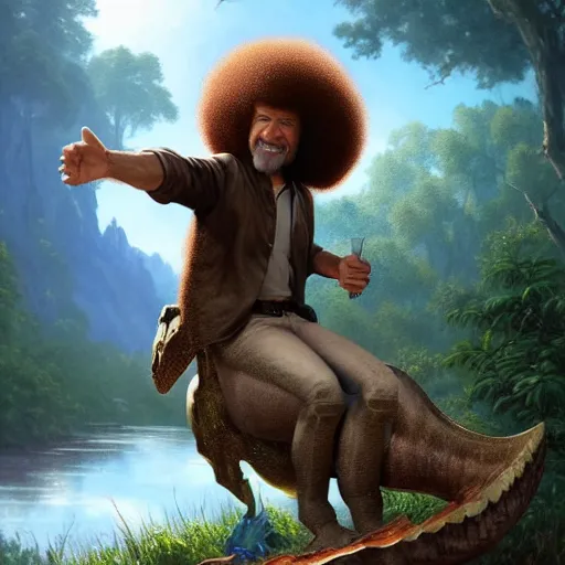 Image similar to bob ross!!! riding!!! a dinosaur!!, giant afro!, model pose, ultra realistic, concept art, intricate details, highly detailed, photorealistic, octane render, 8 k, unreal engine octane render art by artgerm and greg rutkowski and alphonse mucha