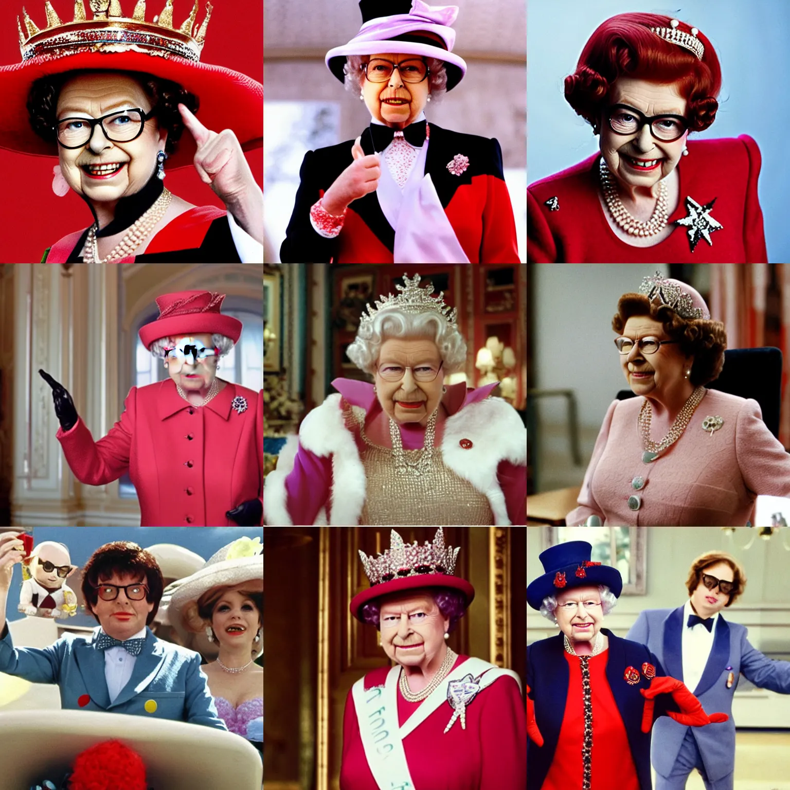 Prompt: Queen Elizabeth as Austin Powers, still image from Austin Powers movie