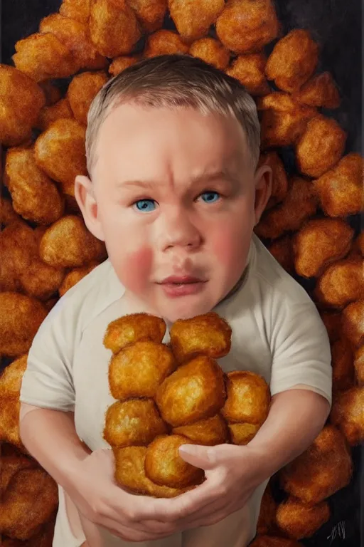 Image similar to channing tatum in a tater tot costume, oil on canvas, intricate, portrait, 8 k highly professionally detailed, hdr, cgsociety