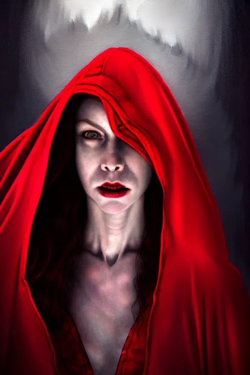 Image similar to hyperrealistic mixed media painting of beautiful Red Riding Hood, pale skin, full body, crimson robe, shadowy wolf figure looming overhead in background, stunning 3d render inspired art by P. Craig Russell and Barry Windsor-Smith + perfect facial symmetry + dim volumetric lighting, 8k octane beautifully detailed render, post-processing, extremely hyperdetailed, intricate, epic composition, grim yet sparkling atmosphere, cinematic lighting + masterpiece, trending on artstation, very very detailed, masterpiece, stunning