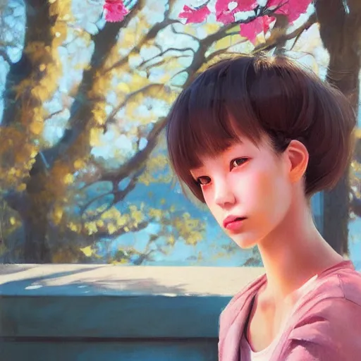 Image similar to oil painting by ilya kuvshinov,, baugh casey, rhads, coby whitmore, of a youthful japanese beauty, long hair, standing eating a pushpop outdoors by vending machines, highly detailed, breathtaking face, studio photography, dawn, intense subsurface scattering, blush, supple look, innocence, intense sunlight