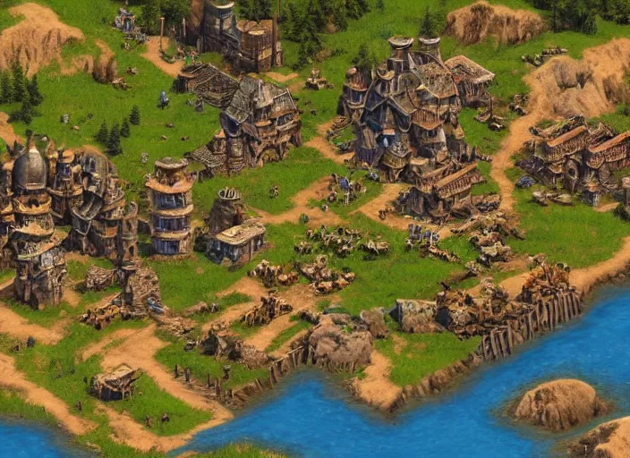 Image similar to isometric map of age of empires video game, procedural, top down, AOE2 , civilization, river, forest, cave, mountain, 3d map, woods, hills, buildings, snow, , digital art,realistic,detailed,art by greg rutkowski