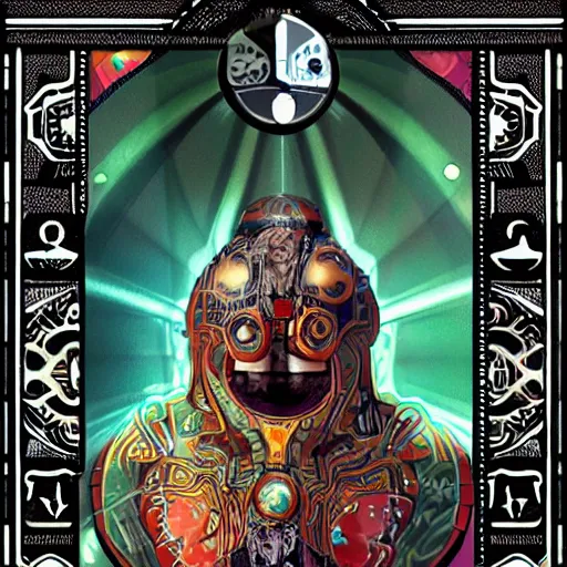 Image similar to the artificial general intelligence tarot card, artstation, technology, fractals