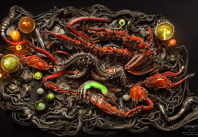 Prompt: an opulent banquet of food on a table covered with colorful glowing bioluminescent crabs and glowing bioluminescent lobsters and iridescent scarabs. clouds of smoke and explosions. giger ’ s xenomorph. the thing. reclaimed lumber, detailed and intricate environment, hyperrealism, food photography, rembrandt