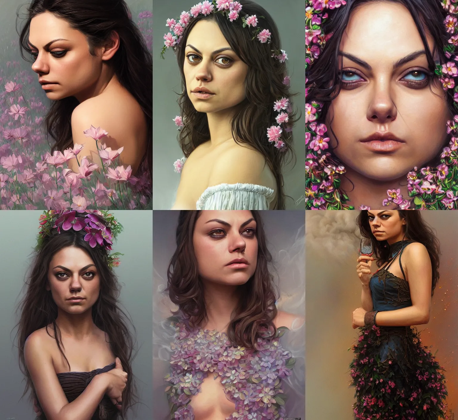 Prompt: sophisticated portrait of Mila Kunis frowning, flower power, thick smoke background, elegance, highly detailed, shallow depth of field, concept art, Artstation, Artgerm, Donato Giancola, Joseph Christian Leyendecker, WLOP