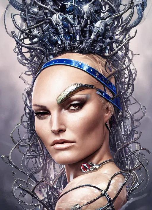 Prompt: high intricate portrait of lindsey vonn as a medusa with cybernetic enhancements, maria panfilova, andrea savchenko, mike kime, ludovic plouffe, qi sheng luo, oliver cook, makoto shinkai, trending on artstation