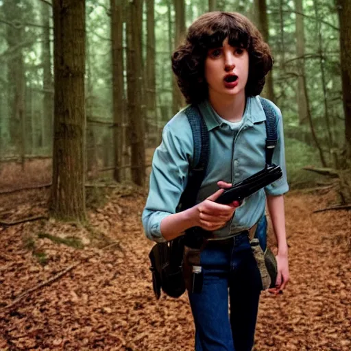 Prompt: Finn Wolfhard (Mike Wheeler) for Stranger Things holding a gun and running in a forest, dramatic lighting, cinematic, establishing shot, extremely high detail, photo realistic, cinematic lighting