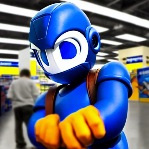 Prompt: uhd photorealisitc candid photo of mega - man at best buy, smashing electronics. correct costume. correct face, accurate face. photo by annie leibowitz and steve mccurry