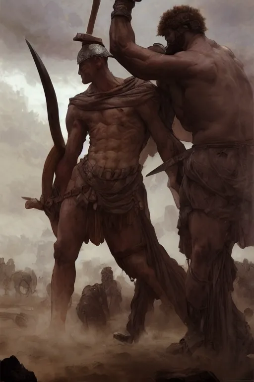 Image similar to ancient historically accurate depiction of the Bible Character Goliath of Gath, the Philistine warrior giant by frank miller, illustration by Ruan Jia and Mandy Jurgens and William-Adolphe Bouguereau, Artgerm, 4k, digital art, surreal, space dandy style, highly detailed, godsend, artstation, digital painting, concept art, smooth, sharp focus, illustration by Ruan Jia and Mandy Jurgens and William-Adolphe Bouguereau, Artgerm