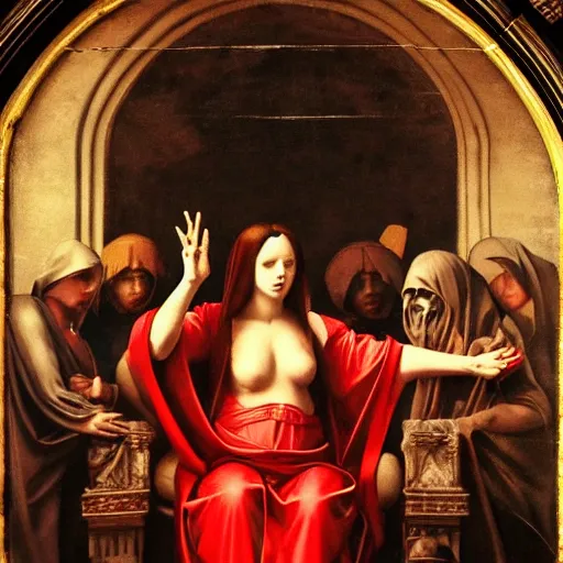 Image similar to the goddess of blood in silk robes of blood, cultists watching, red hoods, candle lights, renaissance, baroque, gothic, high detail, dark lighting, atmospheric, extremely detailed, intricate, smooth, da vinci, michelangelo, caravaggio, 8 k