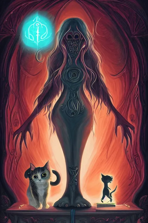 Image similar to romantic illustration of bright girl, her cat and her book of necronomicon, symmetrical, cinematic, sharp focus, 4 k, ultra hd, sense of awe, sinister demonic atmosphere, dreadful, forbidden knowledge, old gods, cthulhu, yog - sothoth! yah, yah, yah! cultist journal cover