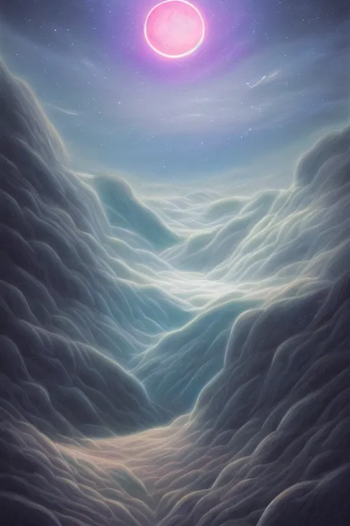 Image similar to digital matte fantasy dreamy mountain scape soft pastels snow milky way futuristic moonlight, artstation, behance, 8 k by alex grey
