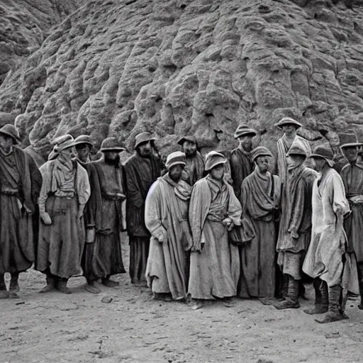 Image similar to ultra detailed photorealistic sepia - toned photo from 1 9 1 7, 5 clean - shaven british soldiers standing with bedouin traders in traditional arab garb, at an archaeological dig site in wadi rum, ultra realistic, painted, intricate details, lovecraft, atmospheric, dark, horror, brooding, highly detailed, by clyde caldwell