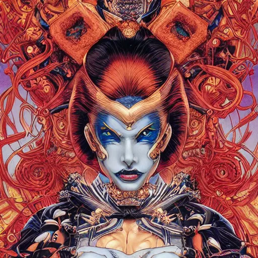 Image similar to portrait of crazy mystique, symmetrical, by yoichi hatakenaka, masamune shirow, josan gonzales and dan mumford, ayami kojima, takato yamamoto, barclay shaw, karol bak, yukito kishiro