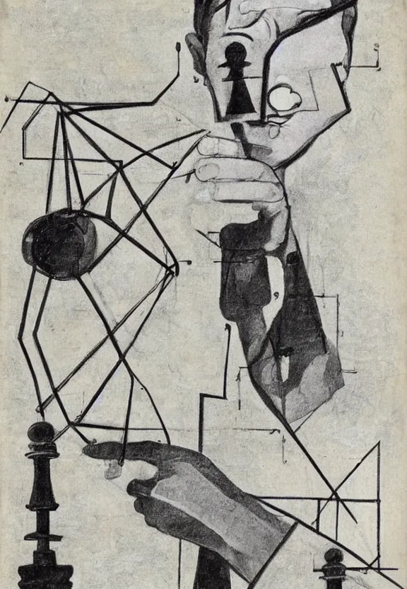 Image similar to a concept drawing of marcel duchamp holding up a chess - piece wire - machine, a surrealist painting by marcel duchamp, complex artificial - intelligence machinery, minimal sketch flow - chart, academic art, 1 9 2 0 s