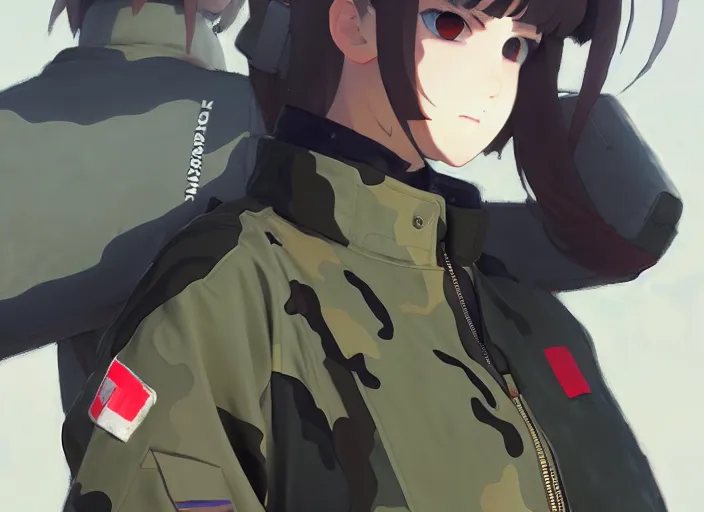 Image similar to soldier girl, wearing big bomber jacket with military gear, big bomber jacket with camo patterns, gapmoe yandere grimdark, trending on pixiv fanbox, painted by greg rutkowski makoto shinkai takashi takeuchi studio ghibli, akihiko yoshida, gta 5