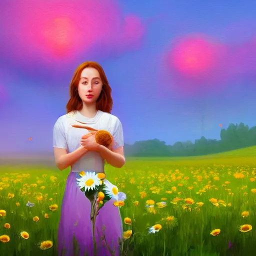 Image similar to daisy flower as a face, girl walking in flower field, holding daisy, surreal photography, sunrise, impressionist painting, colorful clouds, digital painting, artstation, simon stalenhag, flower face