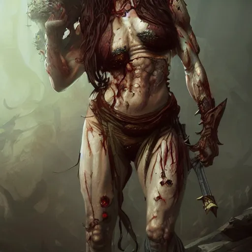 Image similar to muscular female zombie, deep focus, d & d, fantasy, intricate, torn clothing, highly detailed, digital painting, artstation, concept art, matte, sharp focus, illustration, hearthstone, art by artgerm and greg rutkowski and alphonse mucha