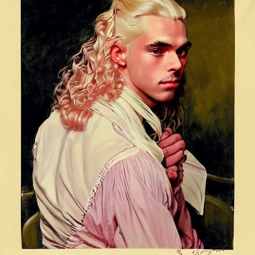 Image similar to beautiful portrait painting of Viserys Targaryen with long curly blond hair, delicate young man wearing a wispy pink silk dress smiling sleepily at the viewer, symmetrically parted curtain bangs, in love by J.C Leyendecker and Norman Rockwell