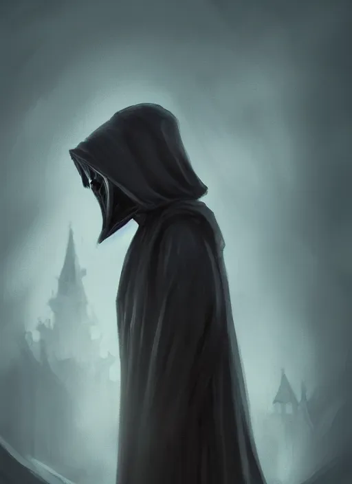 Prompt: small man, black round hood and cloak, round face, pale skin, soft smile, whimsical, dnd, portrait, justin sweet, fantasy city, night, macro lens, shallow depth of field, highly detailed, digital painting, trending artstation, concept art, illustration, cinematic lighting, vibrant colors, photorealism, epic, octane render, magic the gathering artwork, centered