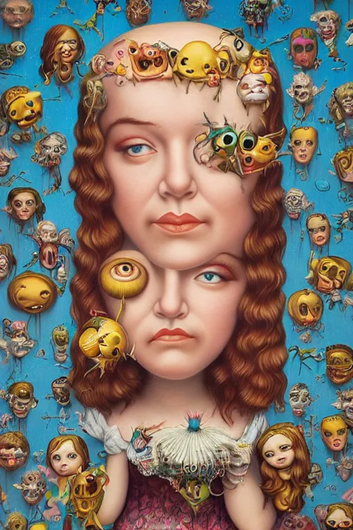 Image similar to a woman with many eyes using her head to catch trash Mark Ryden and Alex Gross, Todd Schorr highly detailed