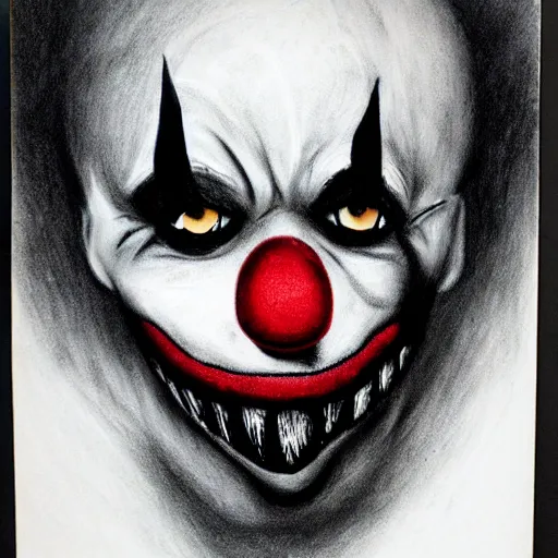 Prompt: charcoal drawing of a sad clown | horror themed | creepy