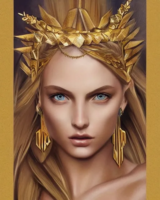 Image similar to tattoo sketch of hot blonde super model as aphrodite greek goddess wearing a gold laurel wreath and triangle earrings, beautiful piercing gaze with sharp pupils, in the style of greg rutkowski, fantasy, amazing detail, epic, elegant, smooth, sharp focus, front view