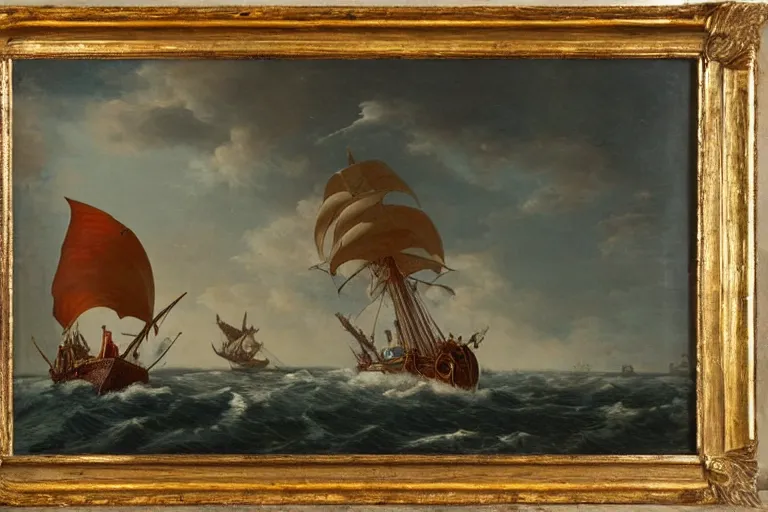 Image similar to an old 1 8 th century boat chasing a whale, the boat is filled with football players, the whale tail breaks the surface american oil painting in a frame