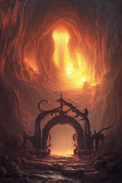 Image similar to gate to hell, highly detailed, d & d, fantasy, highly detailed, digital painting, trending on artstation, concept art, sharp focus, illustration, global illumination, ray tracing, realistic shaded, art by artgerm and greg rutkowski and fuji choko and viktoria gavrilenko and hoang lap, sunny