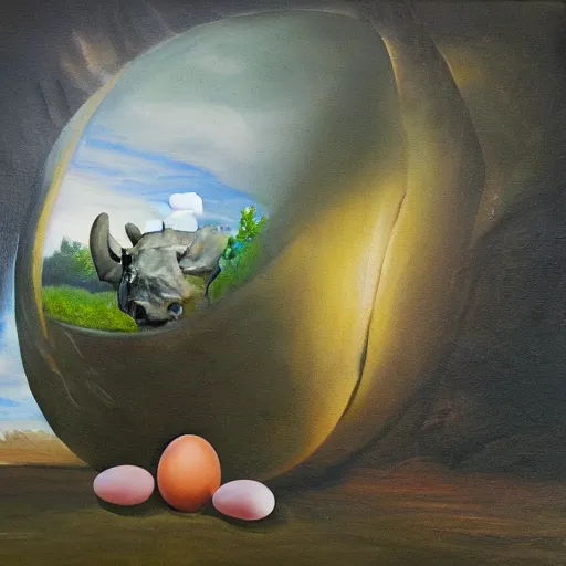 Image similar to oil on canvas of, rhinoceros hatching an egg in hawaii