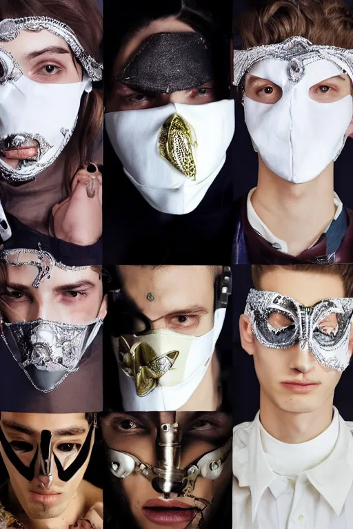 Image similar to 2 1 st century fashion show featuring men's wear based in 9 0 s england, fashion photography, vogue cover, elaborate lights. mask on face, accurate details, ultra hd, beautiful background