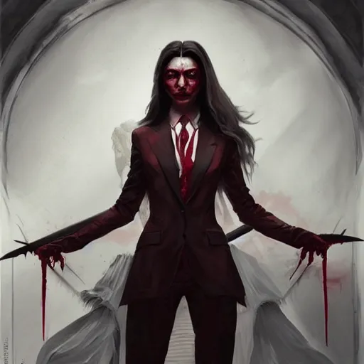 Image similar to portrait of deepika padukone upper body in bloody business suit, blood red eyes, vampire fangs, fantasy, intricate, elegant, highly detailed, digital painting, artstation, concept art, matte, sharp focus, illustration, art by aenaluck and roberto ferri and greg rutkowski, epic fantasy, digital painting