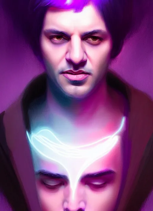 Image similar to portrait of imran khan, purple clothes, white bangs, two color hair, black hair and white bangs, intricate, elegant, glowing lights, highly detailed, digital painting, artstation, concept art, smooth, sharp focus, illustration, art by wlop, mars ravelo and greg rutkowski